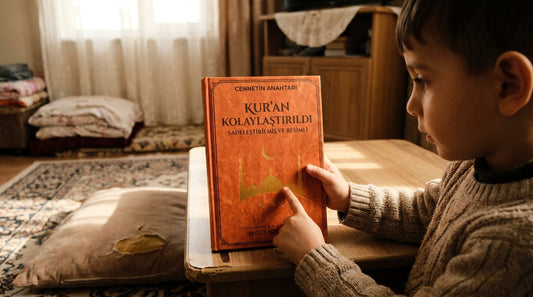 Çocuk evde Kolaylaştırılmış Kur'an kitabının kapağını parmağıyla gösteriyor